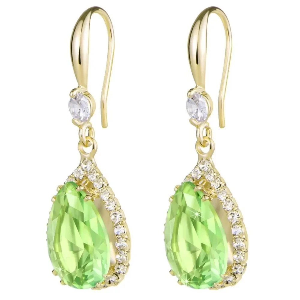 14K Yellow Gold with Peridot Green Cubic Zirconia Teardrop Hook Dangle Earrings